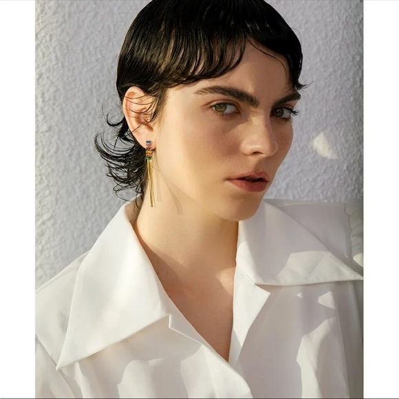 Cubic Zirconia Long Tassel Drop Dangle Hanging Earrings Gold Plated New - Picture 4 of 7